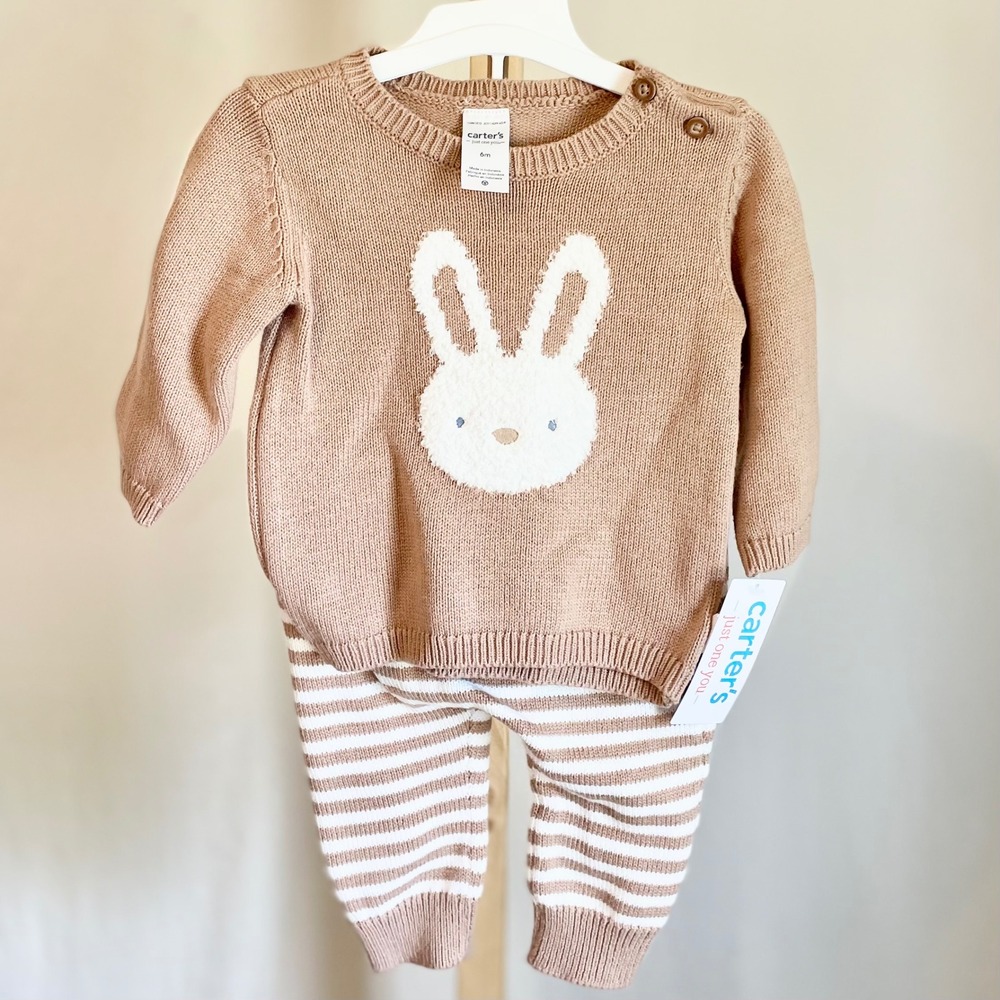 Carters Just One You Baby 6M Bunny Knit Sweater and Striped Pants Set‎ Tan White